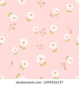 Seamless pattern of daisy with green leaves and heart shape leaves on pink background vector. Cute floral print.