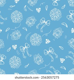 Seamless pattern of daisy, ladybug, ribbons