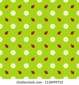 Seamless pattern with daisy, ladybug. Texture with chamomile flowers and ladybug on green background. Design for textile, wallpaper, fabric, wraps. Floral vector illustration