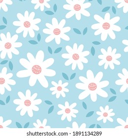 Seamless pattern with daisy and leaves on blue background vector illustration. 