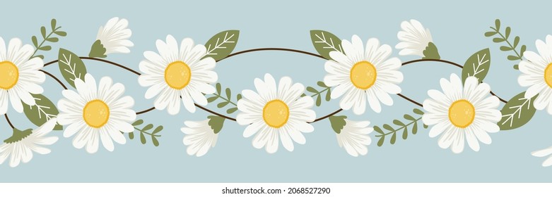 The Seamless pattern of daisy and leaves on blue background in flat vector. Illustration about daisy for banner, background and greeting card.