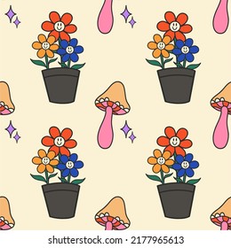 Nahtloses Muster mit Gänseblümchen und Pilzen auf hellem Hintergrund, Vektorgrafik. Cute Cartoon Muster.