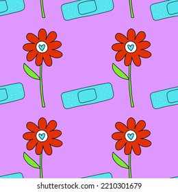 Seamless pattern of  daisy and patch on purple background. 90s style. Girly print for graphic tee, tee, bomber jackets, hoodie, bullet journal cover, wrapping paper. Nostalgia for 1990 - 2000s.