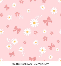 Seamless pattern with daisy, pink flower and ribbon bow on pink background vector.