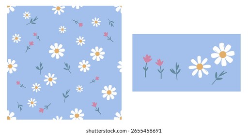 Patrón sin fisuras con margarita, flor rosa y hojas sobre fondo azul Vector. 