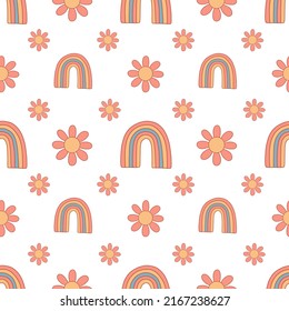 Seamless pattern with daisy and rainbow. Vector illustration. Cute positive floral wallpaper.
