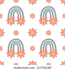 Seamless pattern with daisy and rainbow. Vector illustration. Cute positive floral wallpaper.