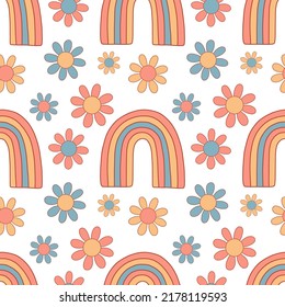 Seamless Pattern With Daisy And Rainbow. Vector Illustration. Cute Positive Floral Wallpaper.