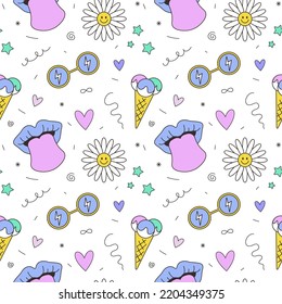 Seamless Pattern Of Daisy, Sticking Tongue, Glasses. Concept Of 2000s, 1990s, 00s, Y2k Aesthetic Weird 2000 Style. Groovy Prints For Tee, Streetwear, Print Templates, Textile.