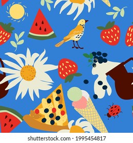 seamless pattern with daisy strawberry, watermelon and bird, vector design for paper, fabric and other surfaces