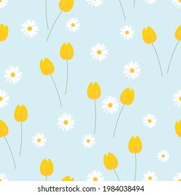 Patrón sin foco con margarita y flor tulipán en la ilustración vectorial de fondo azul. Impresión floral.