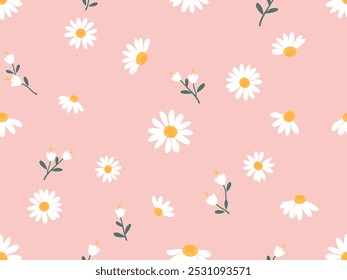 Seamless pattern with daisy and white flower on pink background vector.