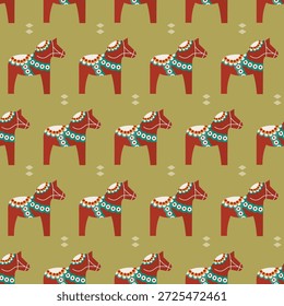 padrão sem costura dala cavalo dalahäst Suécia animal em verde vetor papel de parede tecido giftwrap tecido