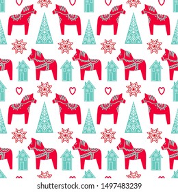 Seamless pattern with Dala horses, houses and Christmas tree. Vector illustration in Scandinavian folk style.