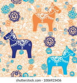 Seamless pattern Dalecarlian Dala horse traditional carved painted wooden horse statuette originating in Swedish province Dalarna. blue green orange flowers leaves on beige pink background. Vector