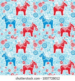 Seamless pattern Dalecarlian Dala horse traditional carved painted wooden horse statuette originating in Swedish province Dalarna. Red white blue flowers leaves on white background. Vector