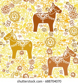 Seamless pattern Dalecarlian Dala horse traditional wooden horse statuette originating in Swedish province Dalarna. Brown yellow orange beige flowers leaves background for site blog fabric. Vector