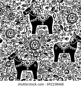 Seamless pattern Dalecarlian Dala horse traditional wooden horse statuette originating in Swedish province Dalarna. black flowers leaves  isolated on white background for site blog fabric. Vector