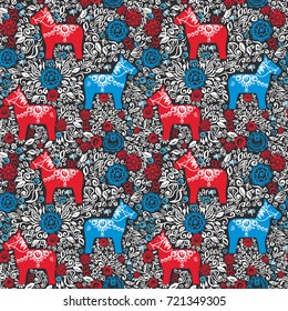 Seamless pattern Dalecarlian Dala horse traditional carved painted wooden horse statuette originating in Swedish province Dalarna. Red white blue flowers leaves on black background. Vector