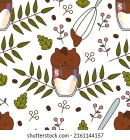 Seamless pattern with Dalgona coffee cat silhouette, Dalgona chocolate milk, Dalgona Coffee Latte. Instant coffee. Trendy whipped coffee vector illustration. Social media food trend