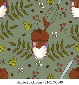 Seamless pattern with Dalgona coffee cat silhouette, Dalgona chocolate milk, Dalgona Coffee Latte. Instant coffee. Trendy whipped coffee vector illustration. Social media food trend