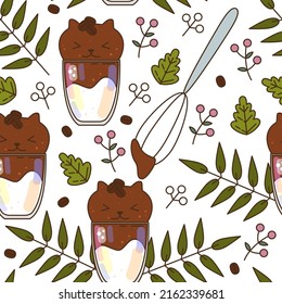Seamless pattern with Dalgona coffee cat silhouette, Dalgona chocolate milk, Dalgona Coffee Latte. Instant coffee. Trendy whipped coffee vector illustration. Social media food trend