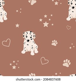 Seamless pattern of dalmatian dog, stars, footprint, heart. Puppy on brown background