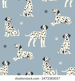 Seamless pattern with Dalmatian dogs and paw prints on a gray-blue background. Vector graphics.