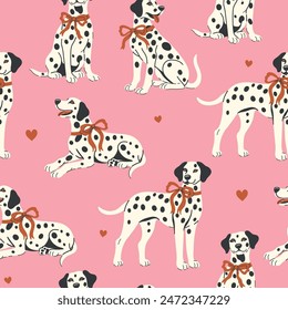 Seamless pattern with Dalmatian dogs with red ribbons on their necks on a pink background. Vector graphics.