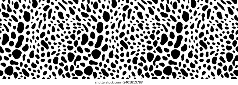 Seamless pattern with Dalmatian spots and cow prints. Animal fur texture surface. Abstract black and white speckled design. Perfect for textile, wallpaper, and wrapping paper.