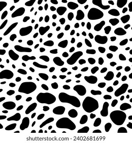 Seamless pattern with Dalmatian spots and cow prints. Animal fur texture surface. Abstract black and white speckled design. Perfect for textile, wallpaper, and wrapping paper. svg
