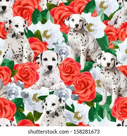 Seamless pattern of dalmatins and flowers