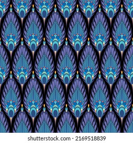 seamless pattern damask with abstract peacock feather vector in blue tone