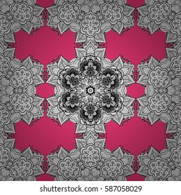 Seamless pattern. Damask background. White element on pink background. White pink floral ornament in baroque style. White floral wallpaper.