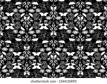 Seamless pattern. Damask butterflies and plants. Trend textile print. For womenswear, interior decor.