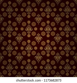 Seamless pattern with damask ornament. Seamless vector golden ornament in arabian style on a brown background. Pattern for wallpapers, backgrounds, flyers or wrapping paper.