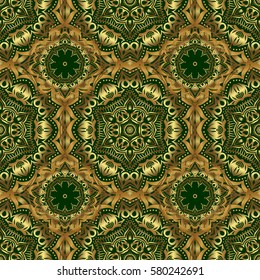 Seamless pattern with damask ornament. Seamless vector golden ornament in arabian style on a green background. Pattern for wallpapers, backgrounds, flyers or wrapping paper.