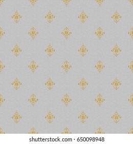 Seamless pattern with damask ornament. Seamless vector golden ornament in arabian style on a gray background. Pattern for wallpapers, backgrounds, flyers or wrapping paper.