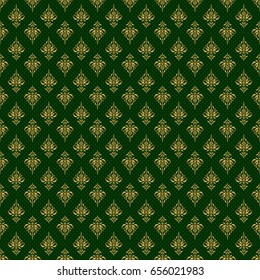 Seamless pattern with damask ornament. Seamless vector golden ornament in arabian style on a green background. Pattern for wallpapers, backgrounds, flyers or wrapping paper.