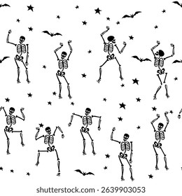seamless pattern A dance of skeletons surrounded by stars. Drawing on the theme of Halloween in doodle style. Vector illustration