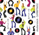 seamless pattern with dancers in the style of the 70s of different nationalities. vinyl discs and the inscription disco. a drawing in the style of the cartoon. stock vector illustration. EPS 10.