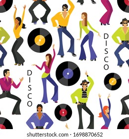 seamless pattern with dancers in the style of the 70s of different nationalities. vinyl discs and the inscription disco. a drawing in the style of the cartoon. stock vector illustration. EPS 10.