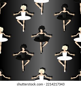 Seamless pattern with dancers of the Swan Lake ballet. Black and white swan dancers on a black background. The concept of the opening of the theatrical ballet season. Banner of the opera house.