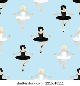 Seamless pattern with dancers of the Swan Lake ballet. Black and white swan dancers on a blue background. The concept of the opening of the theatrical ballet season. Banner of the opera house.