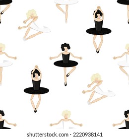 Seamless pattern with dancers of the Swan Lake ballet. Black and white swan dancers on a white background. The concept of the opening of the theatrical ballet season. Banner of the opera house.