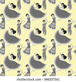 Seamless pattern dances of the peoples of the world by Ukrainian, Russians, Belorussian, Indian, Gypsy and Spanish women. Grey shades background dancing women in national costumes. Vector