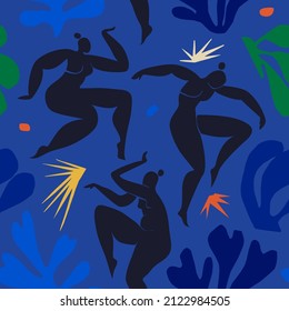 Seamless pattern with dancing abstract women inspired by Matisse. Women's dance among abstract plants and stars. Colored background vector illustration.