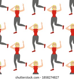 Seamless pattern with dancing adorable girl on a white background. Cheerful dance entertainment in a flat style. Relaxed happy woman.
Stock vector illustration for design, decor, fabric, wallpaper