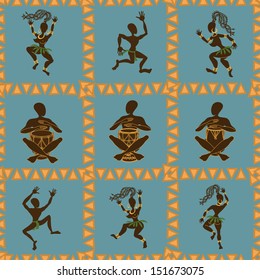 Seamless pattern of dancing African aborigines and drummers