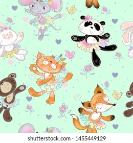 Seamless pattern with dancing animals. Kitty Fox mouse bear and Bunny. Ballerinas. Vector.